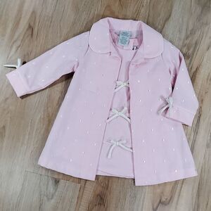 💜NWT Youngland Pink & Cream Polka Dot Coat & Sleeveless Dress Set 24 Months
